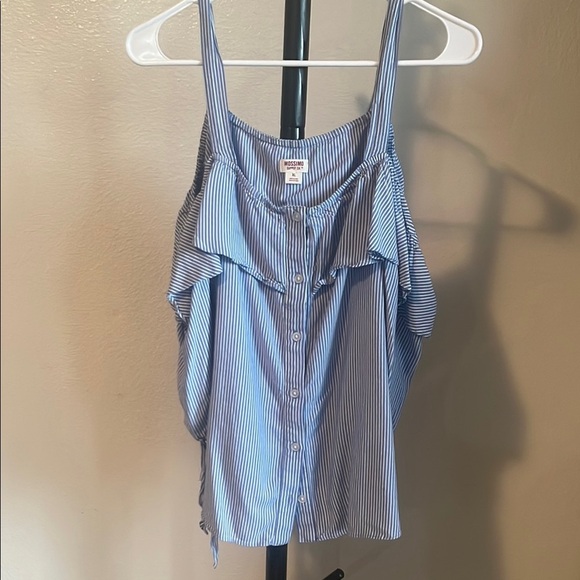 Blue Sleeveless w/ Off the Shoulder Sleeve Button Down Blouse - Picture 1 of 6